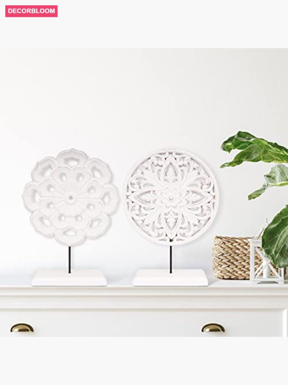 Set of 2 Wooden Carved Cutout Flower Medallion Sculptures - Picture 6 of 7